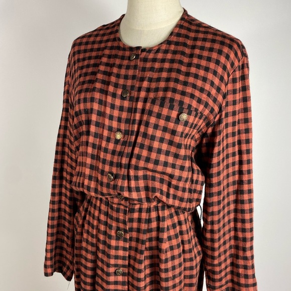 VINTAGE 90s Moda Intl Gingham Plaid Clay & Black Long Sleeve Button Dress Medium - Picture 3 of 8